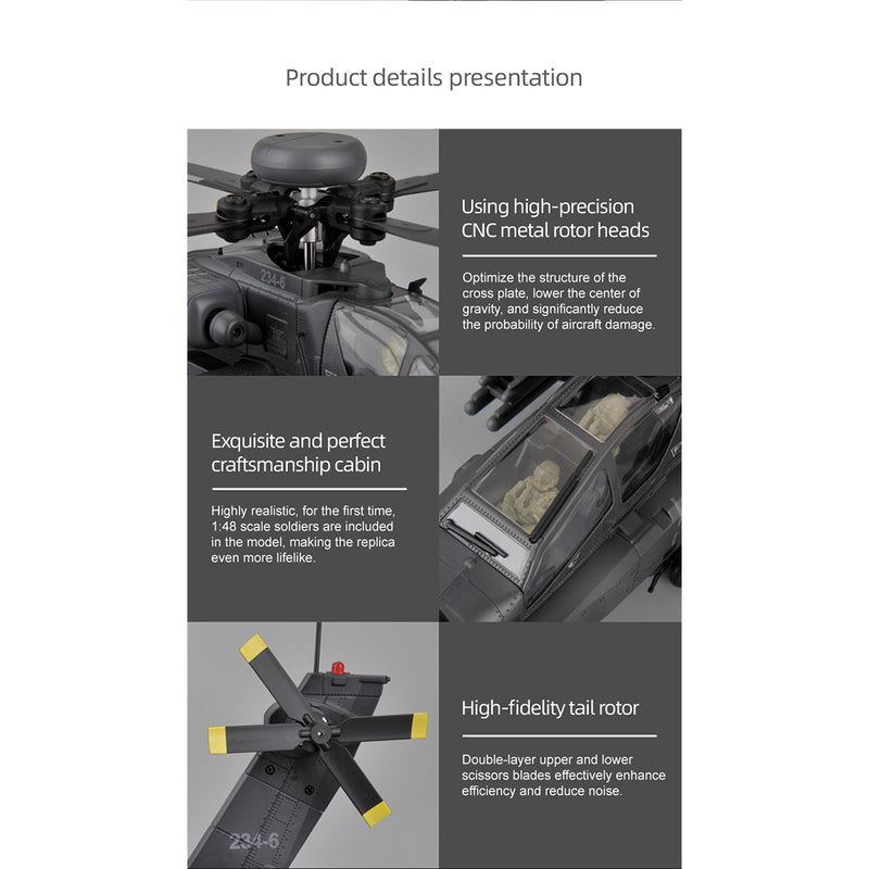 rc era c170 ah-64d 1/48 scale 2.4g 6ch flybarless military rc helicopter model with optical flow positioning, tof altitude hold, one-key inverted flight and brushless motor (rtf version)
