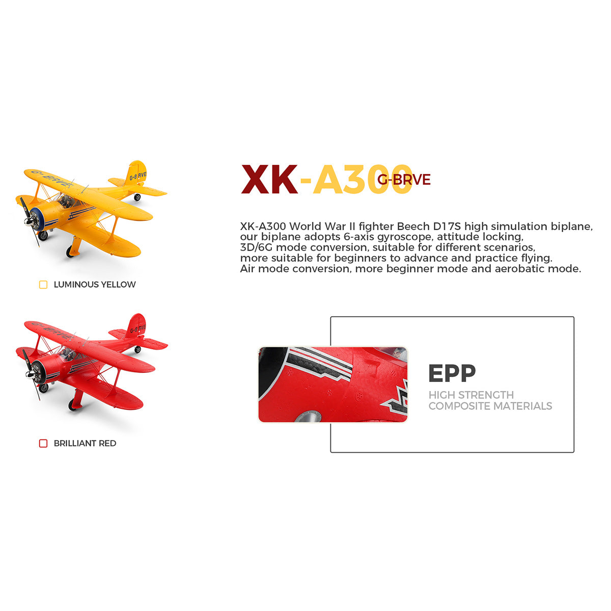 xk a300 beech d17s biplane 3d/6g 2.4g 4ch brushless scale rc airplane model, 550mm wingspan epp fixed wing aircraft with quick release