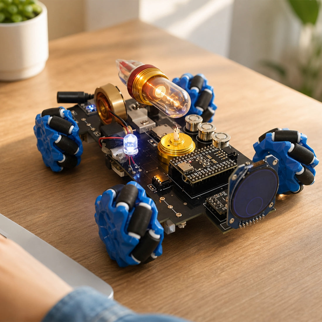stirling engine rc mecanum wheel vehicle with crystal cylinder, remote control, lcd display, stem physics model (assembled)
