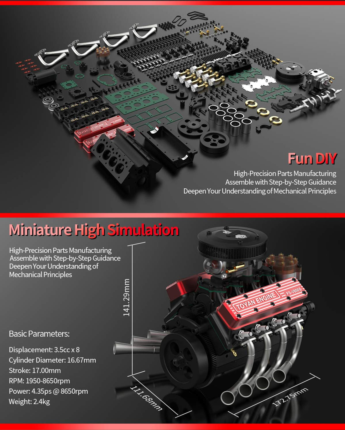 TOYAN 28cc OHV V8 Gasoline Engine - Build Your Own V8 Engine that Works ...