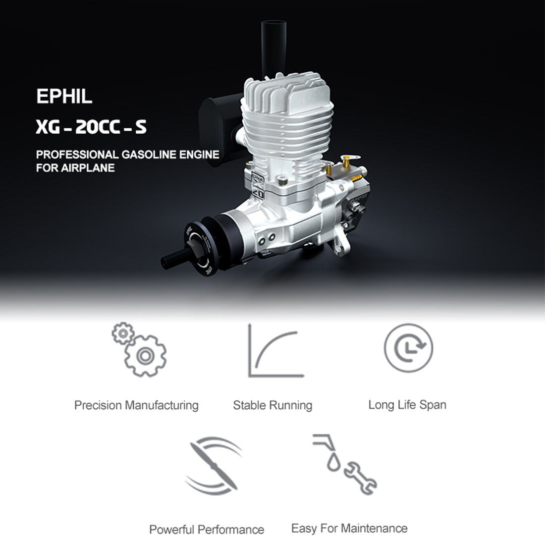 ephil xg-20cc-s glow plug two-stroke single cylinder gasoline engine model for fixed-wing aircraft models