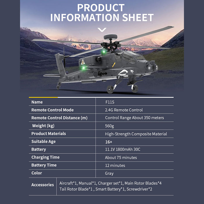 YU XIANG Apache GPS Helicopter F11-S AH64 1/32 Scale 2.4G 6CH RC Dual-Axis Co-Drive Flybarless 6G/3D Stunt