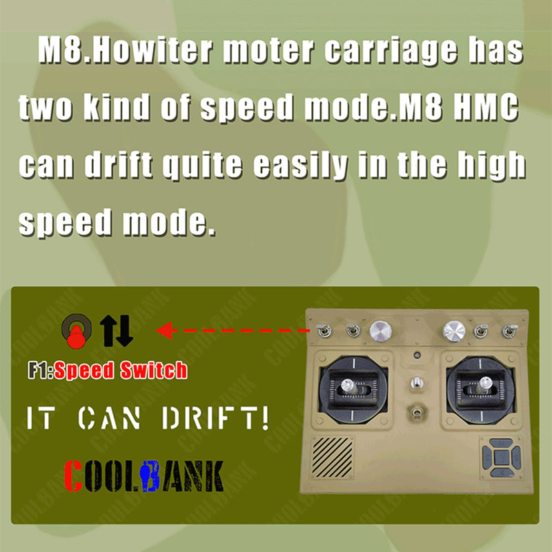 1/16 scale 2.4g u.s. m8 self-propelled howitzer rc tank model with sound and lights, telescoping smoke, dual-speed modes