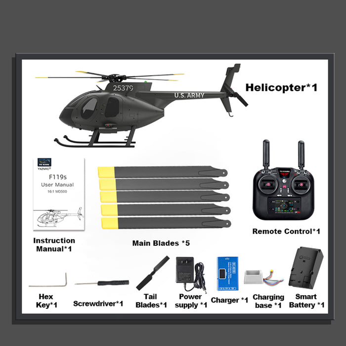 YU XIANG F119S MD500 1/16 Scale 250-Class RC Little Bird Helicopter – Flybarless 2.4G 9CH RTF Model with 6G/3D Flight Modes