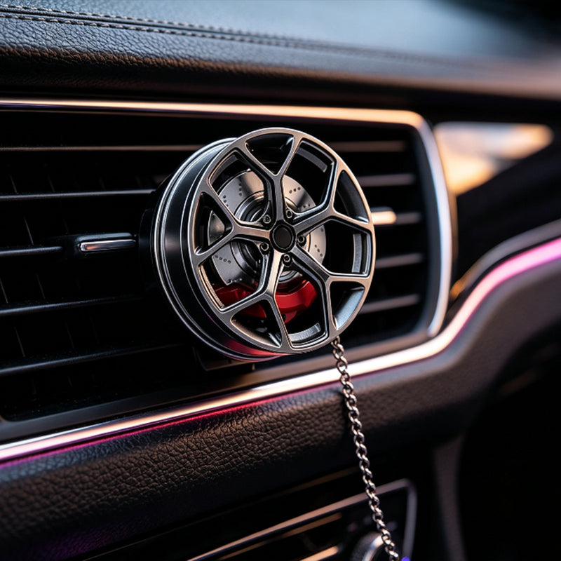 mini wheel rim car air freshener, cnc aluminum alloy magnetic vent clip diffuser, rotating auto interior decoration