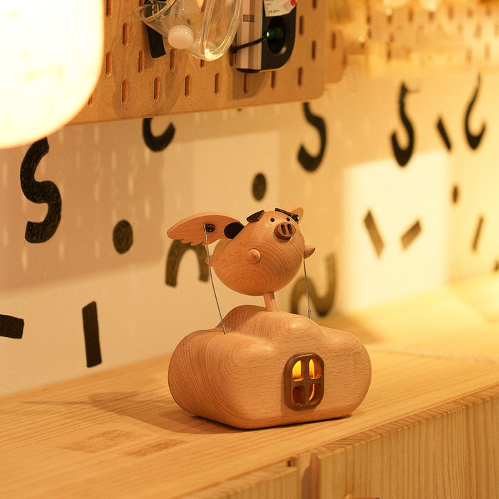 wooden illuminated flying pig dynamic model - desktop stress relief display