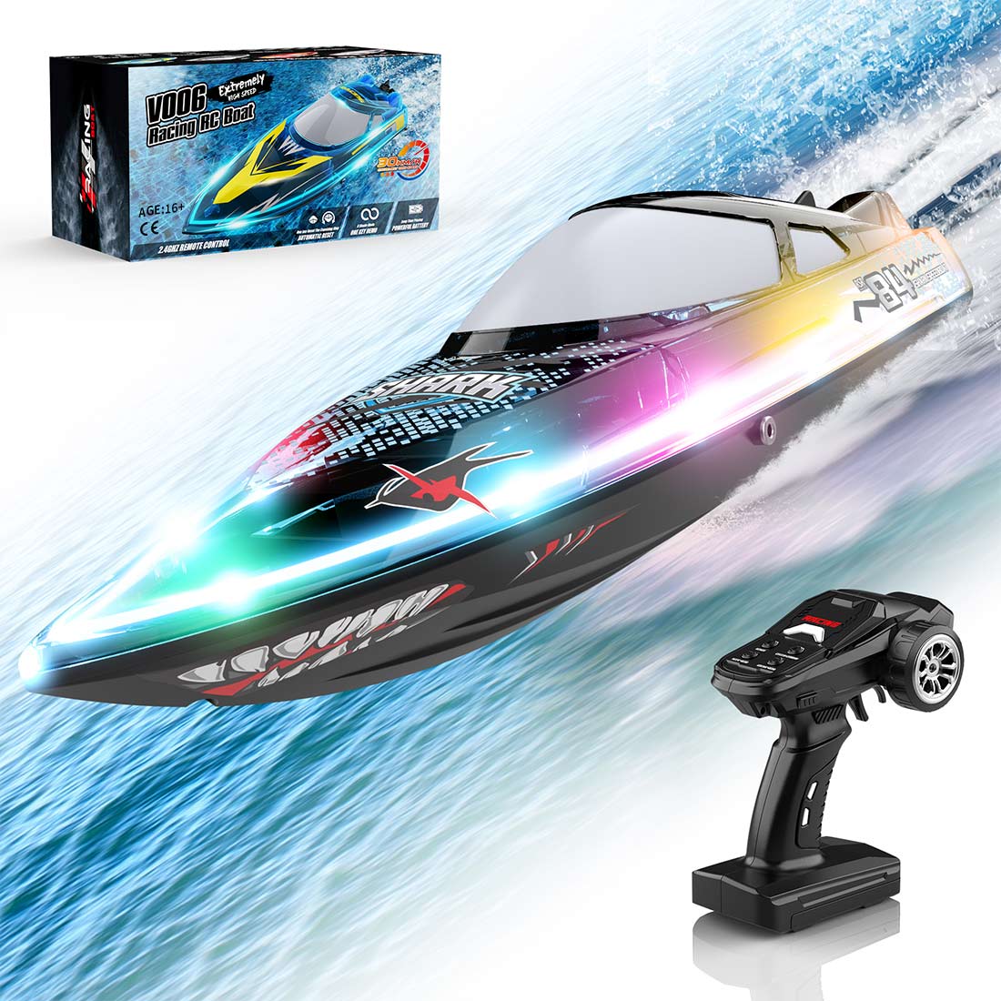2.4ghz Remote Control Speedboat - 30km/H High-Speed Electric Racing Boat With Led Night Lights