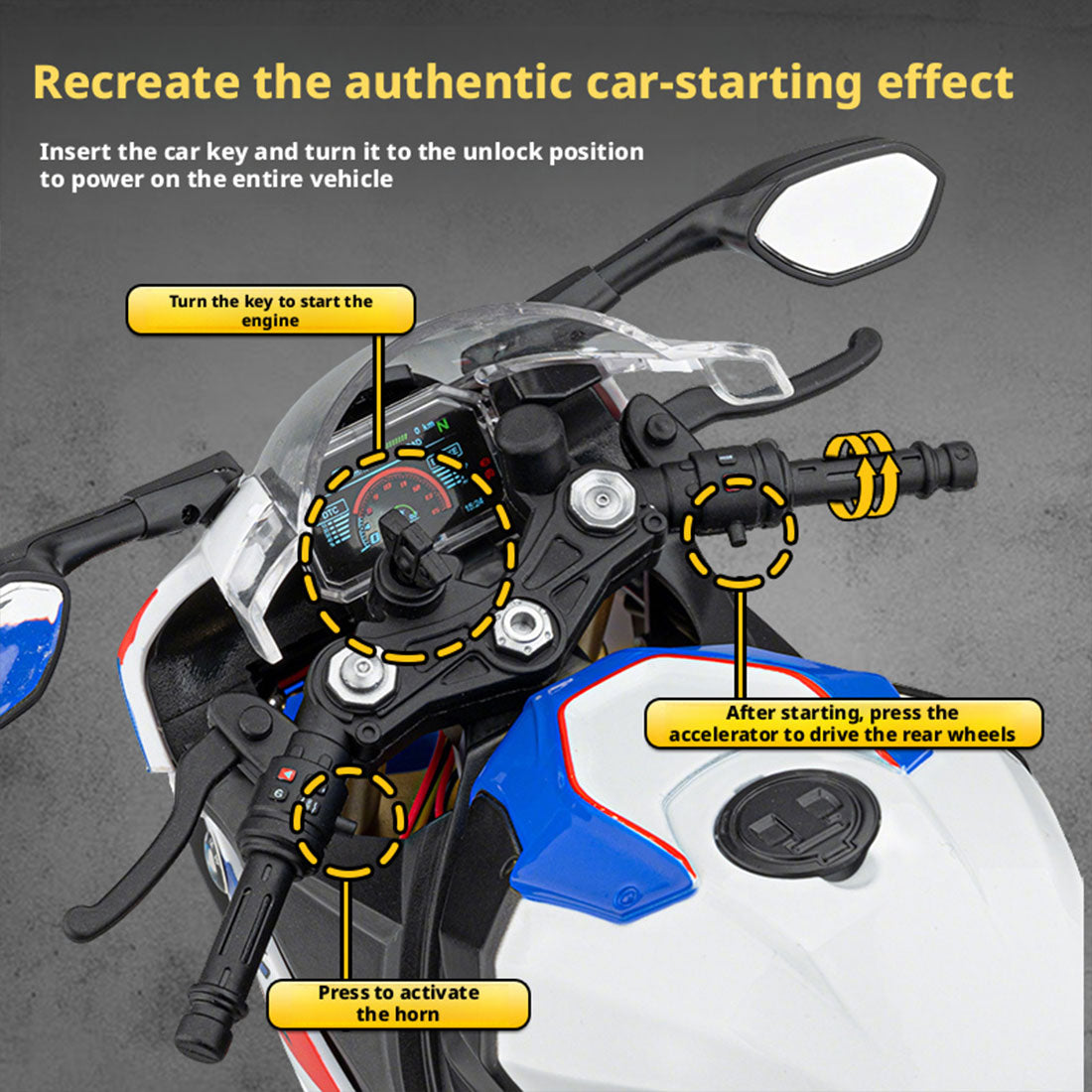 1/6 alloy s1000rr rc motorcycle model with remote control, ignition, sound, led lights & exhaust spray