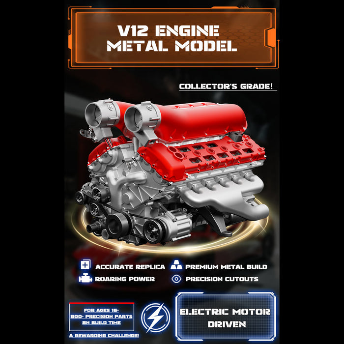 V12 Engine Model Kit that Works - Build Your Own V12 Engine - TECHING 1/4 Supercar V12 Engine Model Kit with Synchronized Throttle Sound Effects 800+PCS