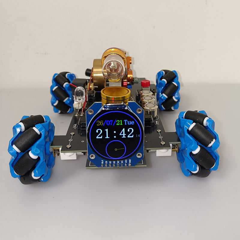 stirling engine rc mecanum wheel vehicle with crystal cylinder, remote control, lcd display, stem physics model (assembled)