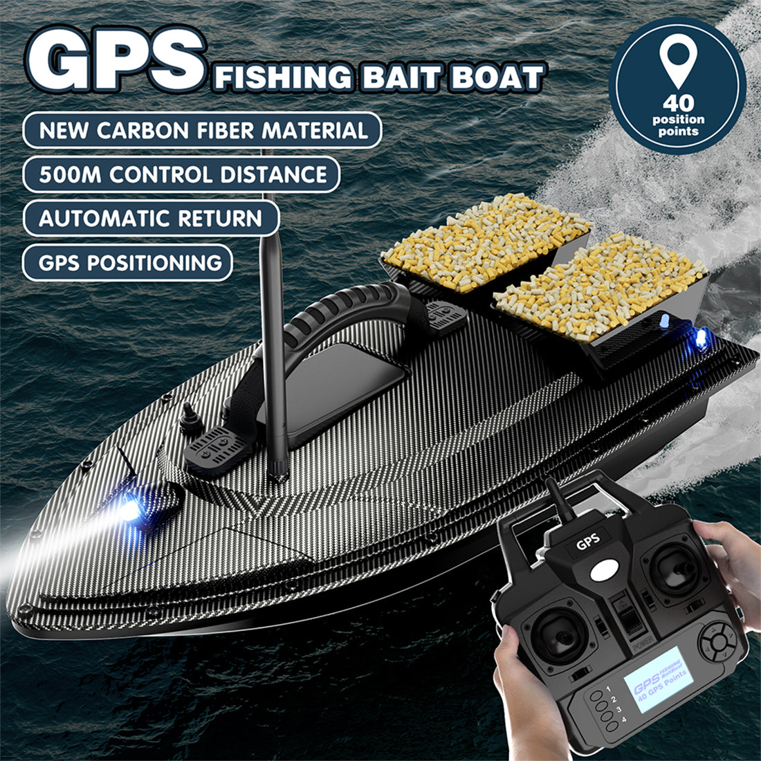 V070 GPS RC BAIT BOAT – 12000MAH, 500M RANGE, 1.5KG DUAL-HOPPER, 40 WAYPOINTS