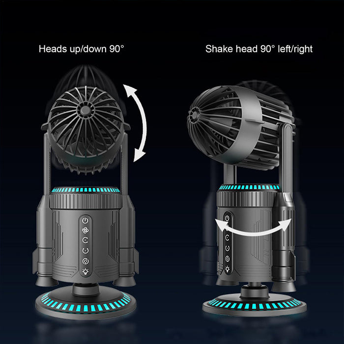 rocket-style desktop fan with dual mist spray &amp; rgb lights - ultra-quiet tech decor for office