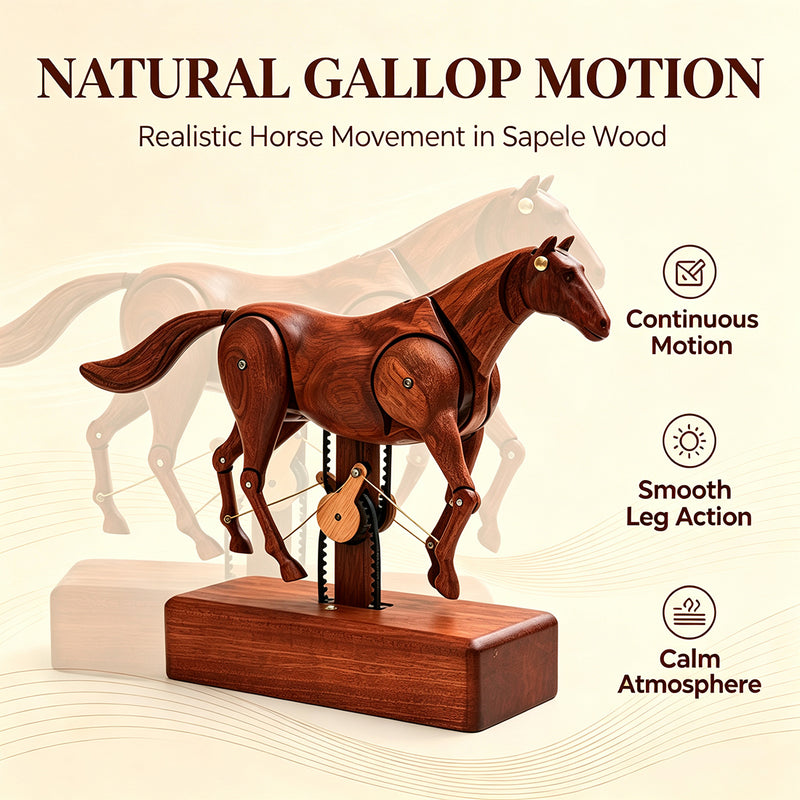 wooden mechanical horse automaton model, handcrafted dynamic horse sculpture with moving limbs & tail, desktop art decor (assembled)