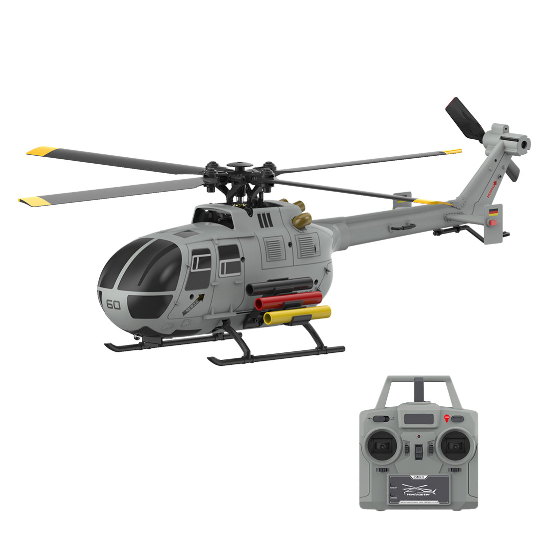 rc era c186s bo105 1/48 scale 2.4g 6ch single-rotor flybarless realistic intelligent rc helicopter model with barometric altitude hold, optical flow positioning, one-key tol & missile mounting rack (rtf)