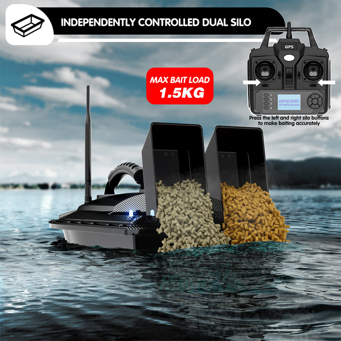 V070 GPS RC BAIT BOAT – 12000MAH, 500M RANGE, 1.5KG DUAL-HOPPER, 40 WAYPOINTS