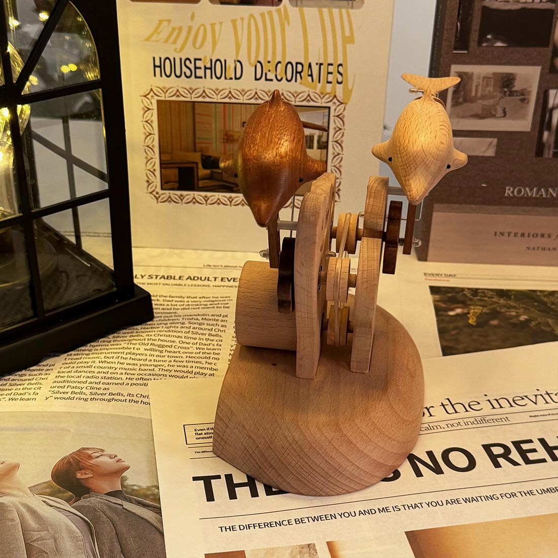 handcrafted wooden dolphin dynamic model - desktop stress relief display