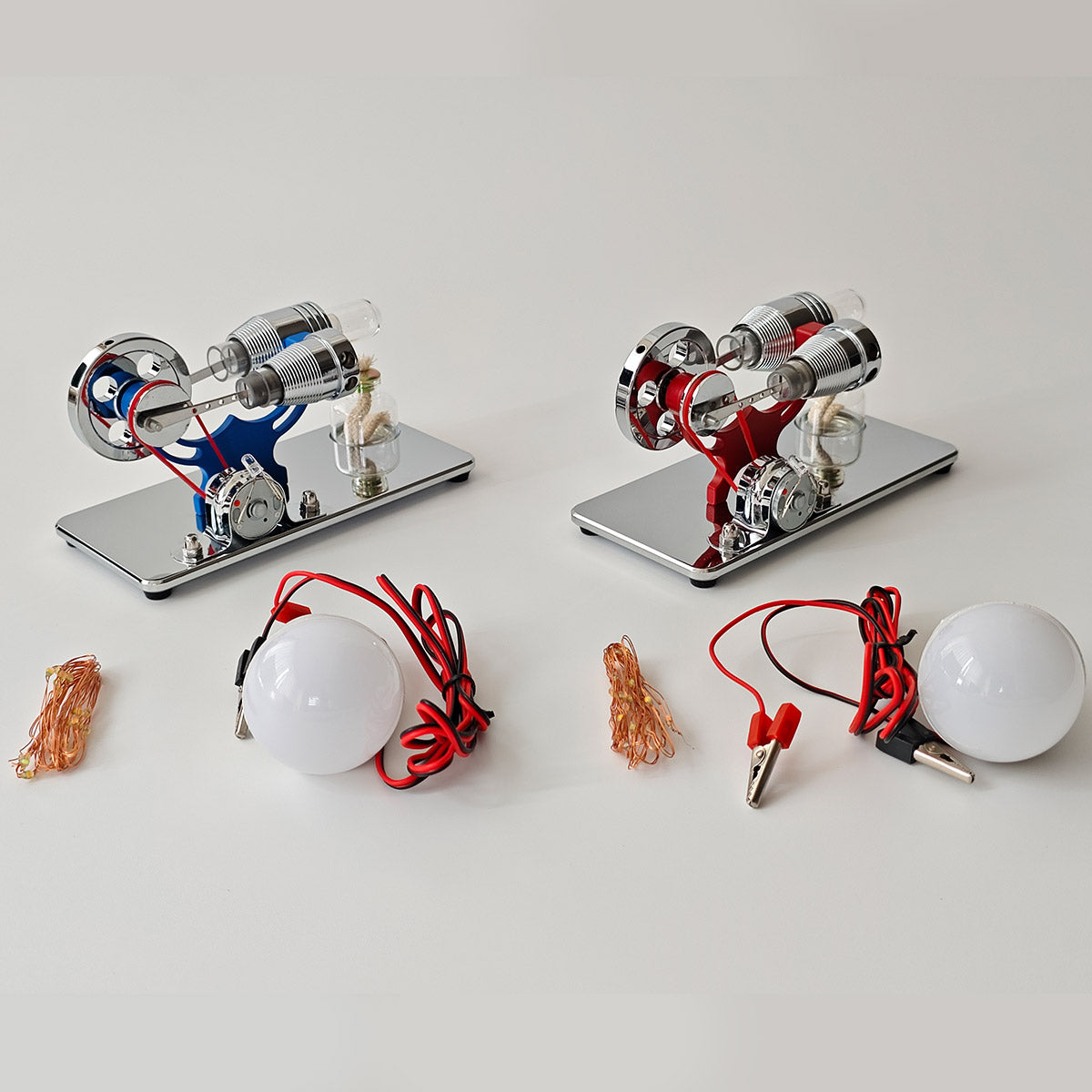 ENJOMOR γ-Type Mirror-Reflective Thermal Air Stirling Engine Generator Model with LED Bulb String