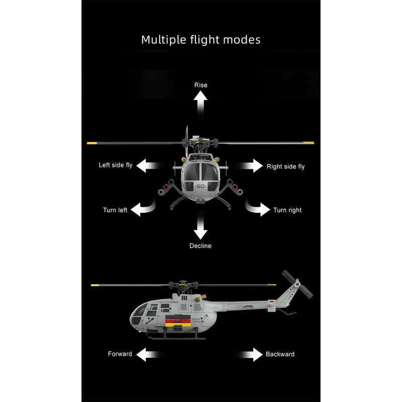 rc era c186s bo105 1/48 scale 2.4g 6ch single-rotor flybarless realistic intelligent rc helicopter model with barometric altitude hold, optical flow positioning, one-key tol & missile mounting rack (rtf)