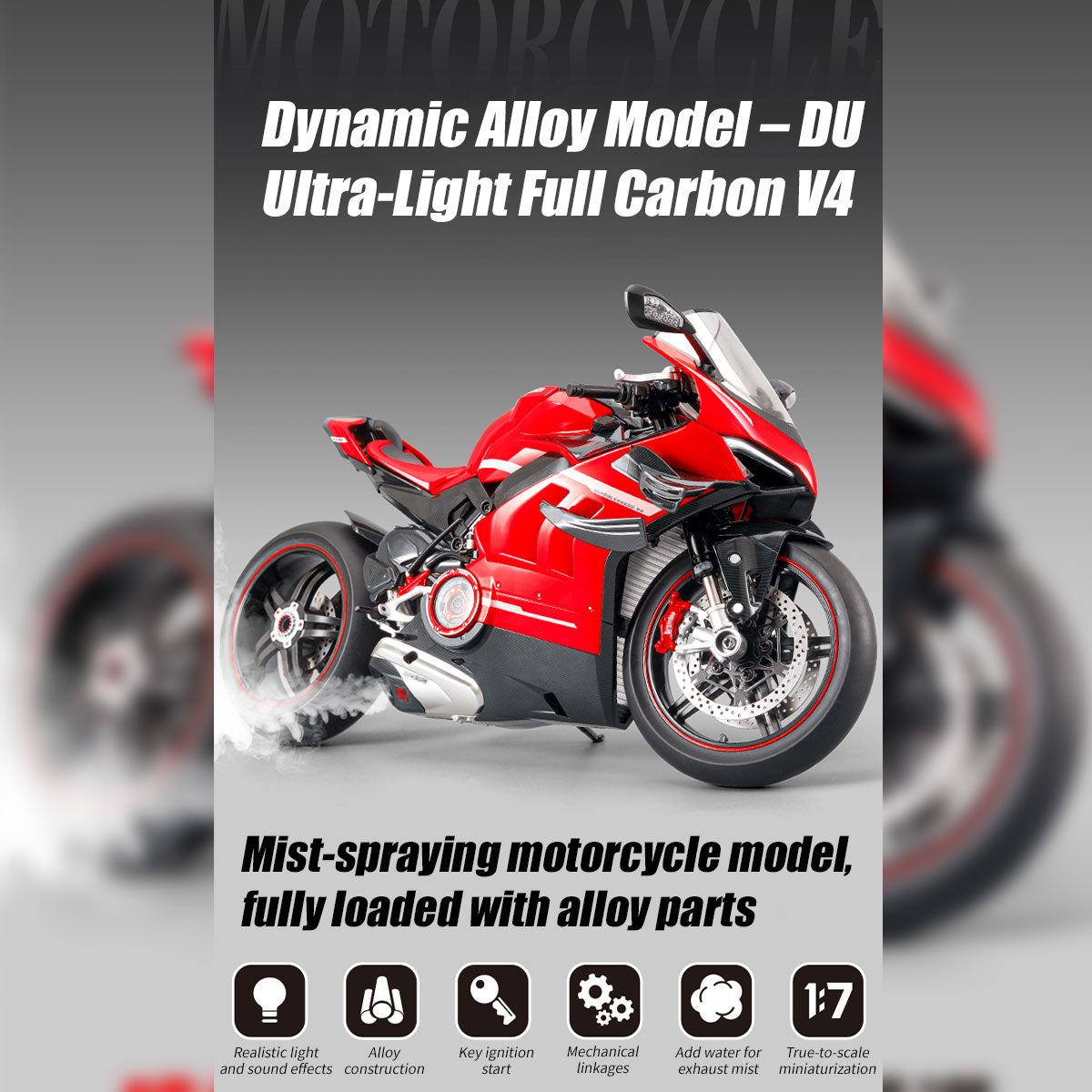 1/7 scale alloy dynamic motorcycle model v4 top edition with ignition system & smoke spray