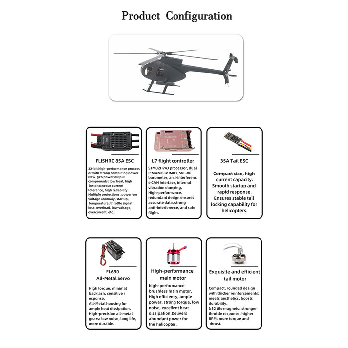 FLISHRC FL500 AH-6 Little Bird 500-Class 2.4G 6CH Scale RC Helicopter Model with L7 Flight Controller and 4-Mode Positioning GPS RTF