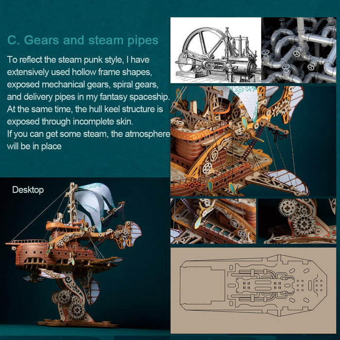 3D Wooden Steampunk Puzzle Toy Model DIY Fantasy Spaceship Handicraft Masterpiece
