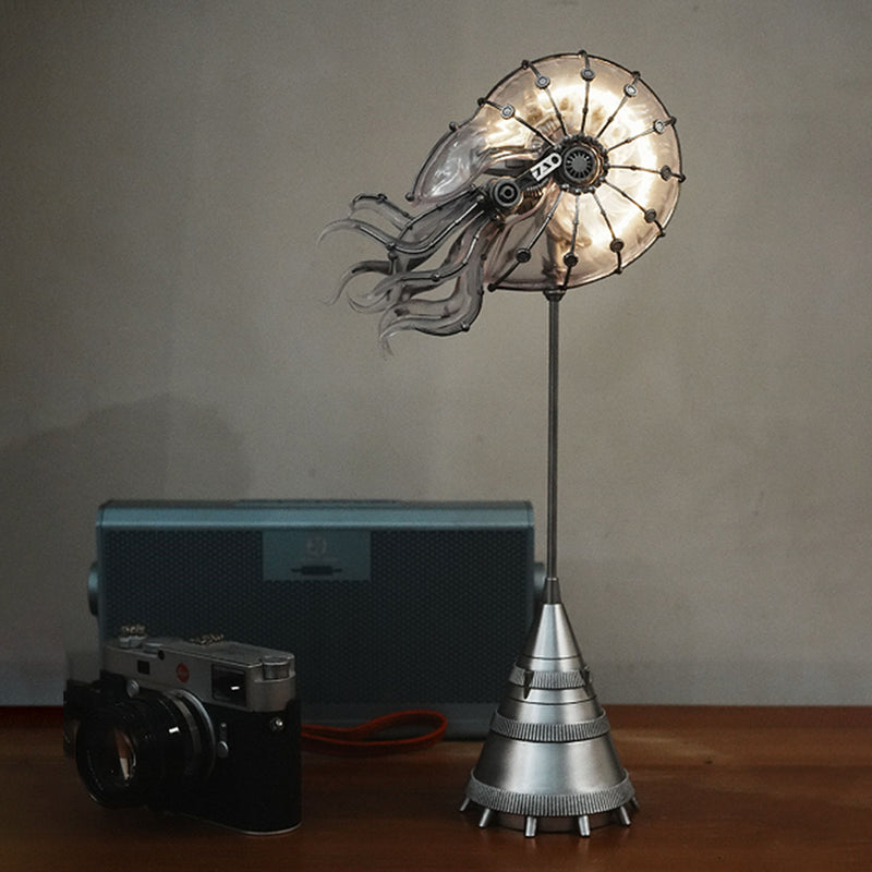 steampunk mechanical nautilus sculpture with remote control led light, industrial desktop decor