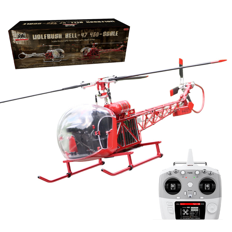 wolfbush bell-47 450-class 3-blade rc helicopter, 2.4ghz 12ch scale helicopter with brushless dfc, metal shaft drive, h1pro flight controller & openable cockpit (rtf version)