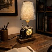 repurposed automotive throttle body steampunk table lamp, industrial desk light with dual led lighting, wood base and linen shade