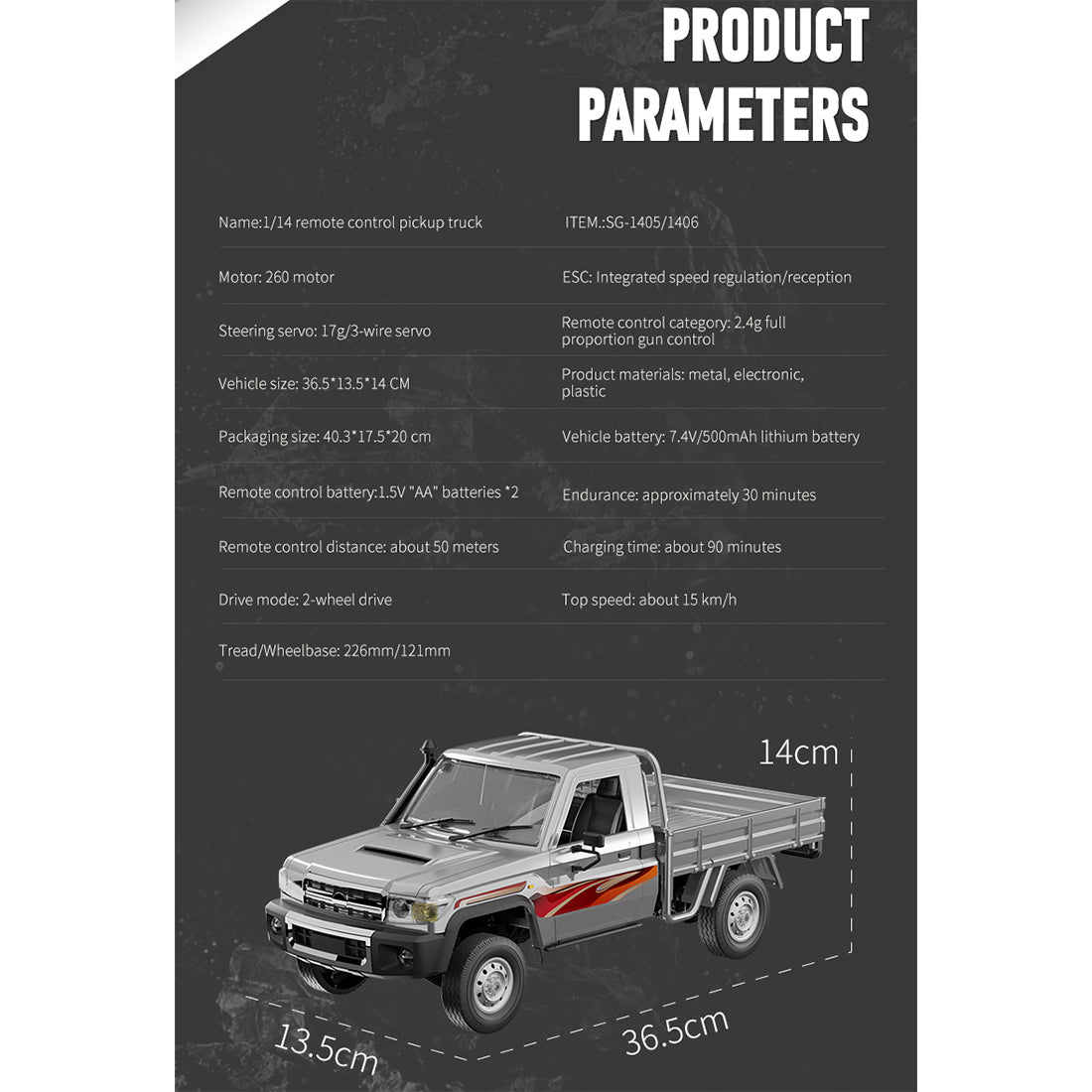 1/14 scale 2.4g full-proportional rc pickup truck with independent suspension and adjustable gear settings