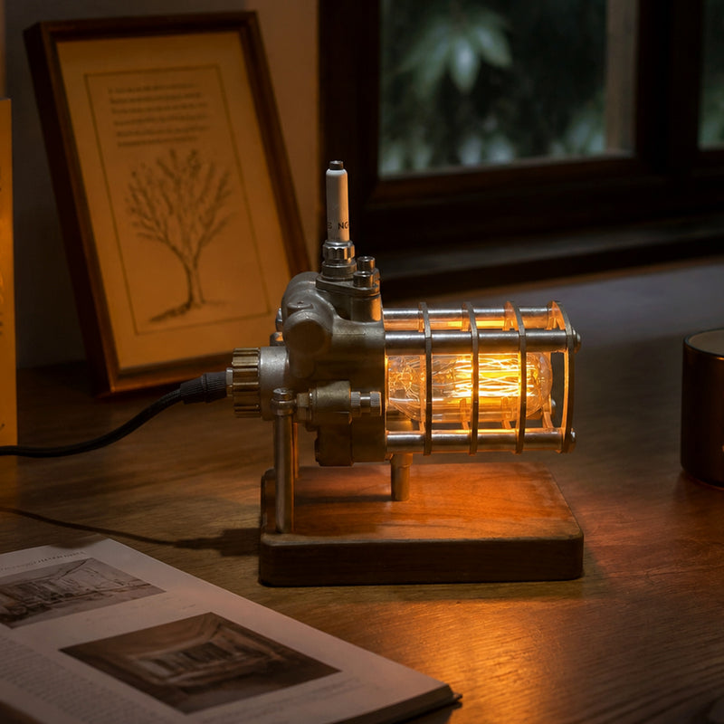 repurposed automotive power steering pump steampunk table lamp, industrial desk lamp with vintage filament bulb, stepless dimming knob & wood base