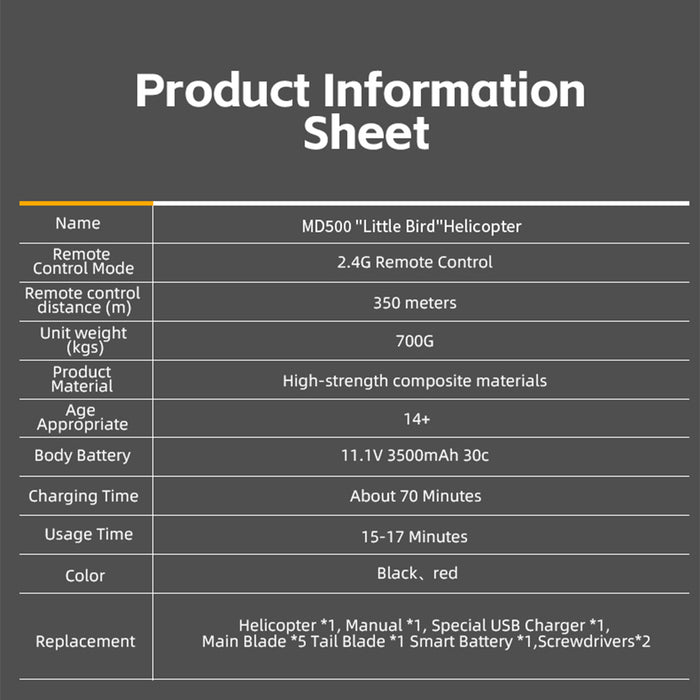 YU XIANG F119S MD500 1/16 Scale 250-Class RC Little Bird Helicopter – Flybarless 2.4G 9CH RTF Model with 6G/3D Flight Modes