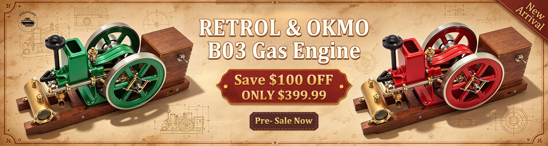 RETROL & OKMO B03 Miniature Horizontal Water-Cooled 4-Stroke Hit and Miss Gasoline Engine Model RTR