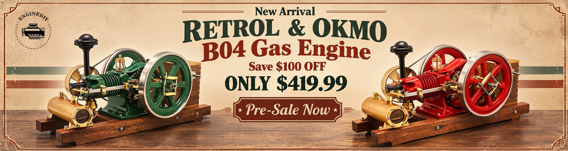 RETROL & OKMO B04 Miniature Air-Cooled Horizontal 4-Stroke Hit and Miss Gasoline Engine Model RTR