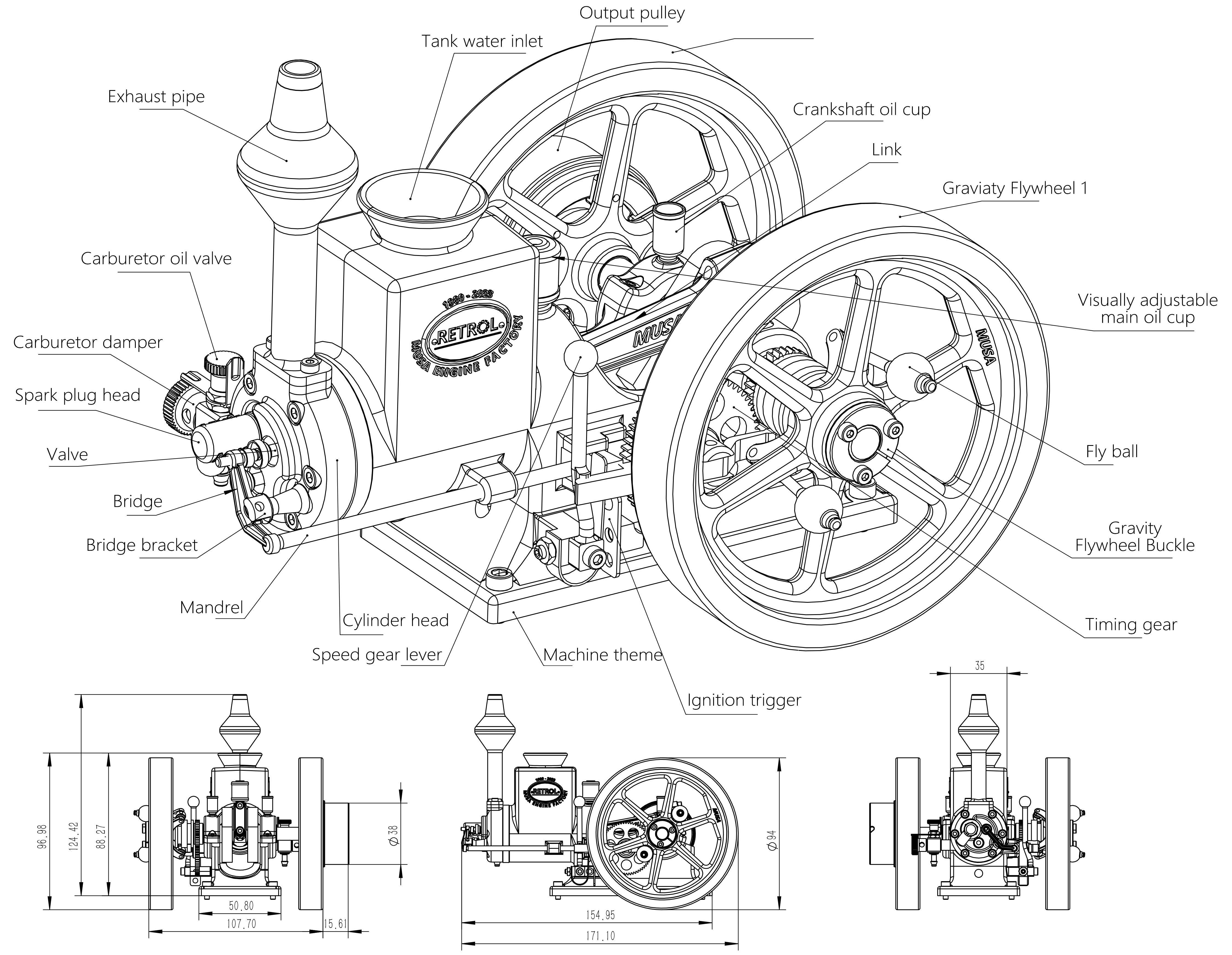 RETROL HM-01 7cc Antique Hit and Miss Engine 4-stroke Stationary Engine Horizontal IC Engine Model That Works