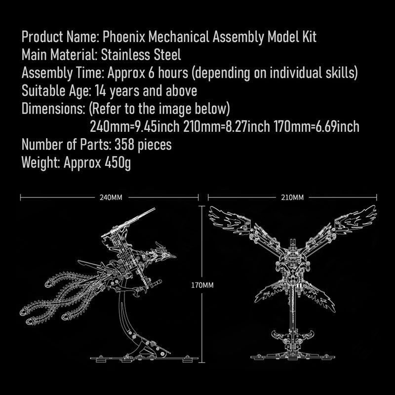 Mechanical Phoenix 3D Metal Puzzles Craft Flapping Wing Toys 358Pcs - EngineDIY