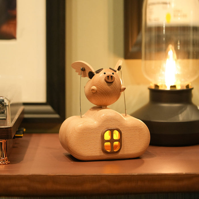 wooden illuminated flying pig dynamic model - desktop stress relief display
