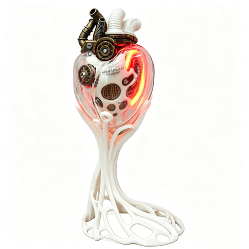 steampunk mechanical heart sculpture with remote control led light, industrial desktop decor