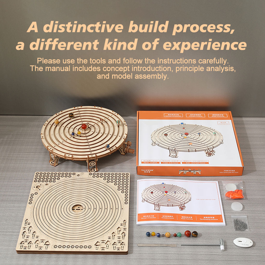 3d wooden mechanical orrery solar system model kit, diy stem educational desktop display (413pcs)