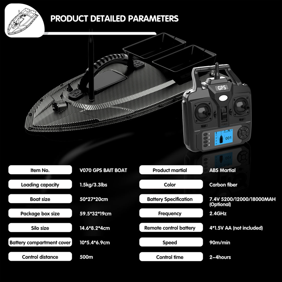 V070 GPS RC BAIT BOAT – 12000MAH, 500M RANGE, 1.5KG DUAL-HOPPER, 40 WAYPOINTS