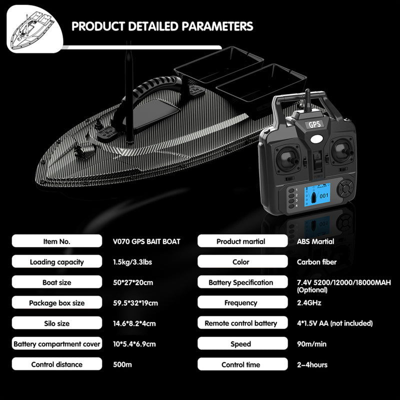 V070 GPS RC BAIT BOAT – 12000MAH, 500M RANGE, 1.5KG DUAL-HOPPER, 40 WAYPOINTS