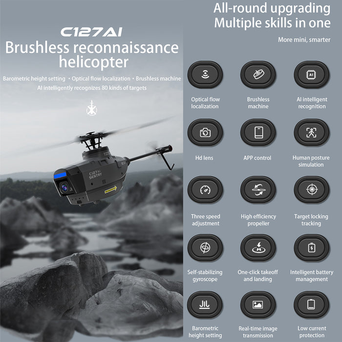 C127AI RC Helicopt, 2.4G RC 4CH Scout Drone Brushless Aircraft Model Without Aileron (RTF Version/Black)