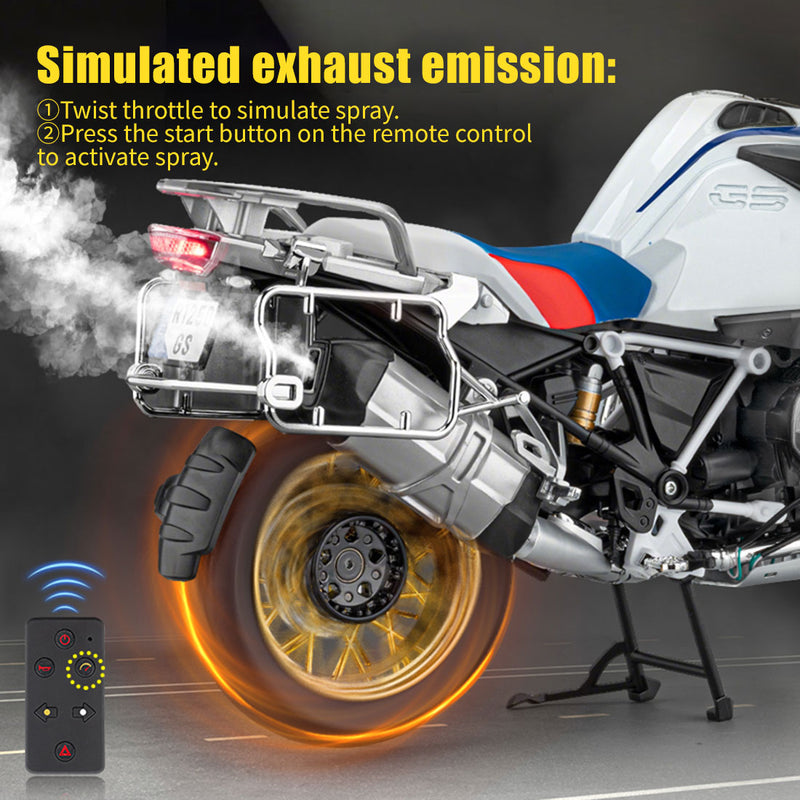 1/6 alloy r1250gs rc motorcycle model with remote control, ignition, sound, led lights & exhaust spray