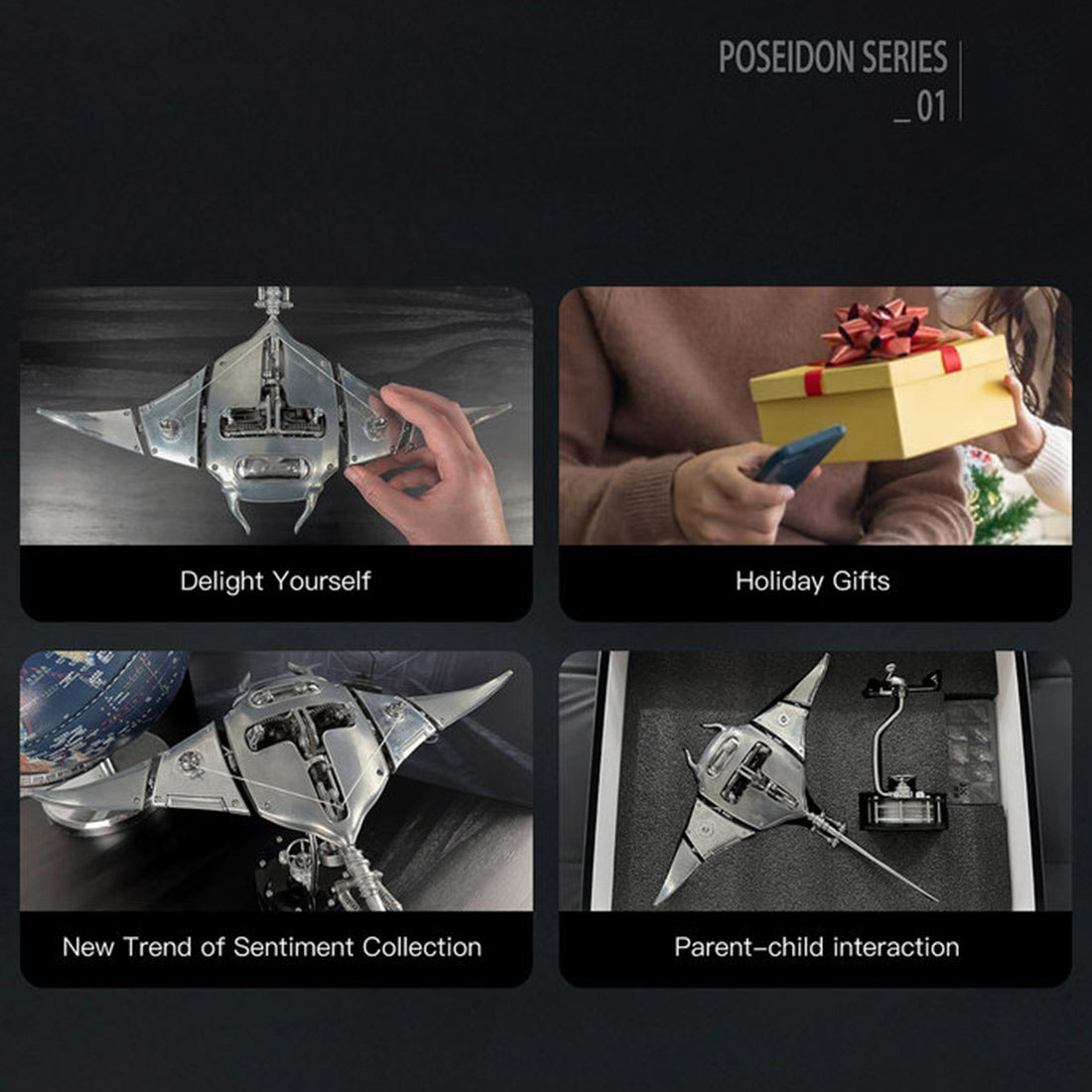 Modèle d'assemblage mécanique 3D en métal d'une raie manta avec éclairage 