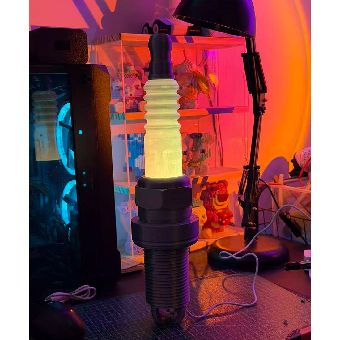 3d printed spark plug rgb led desk lamp – industrial table light for garage, gaming room & workshop