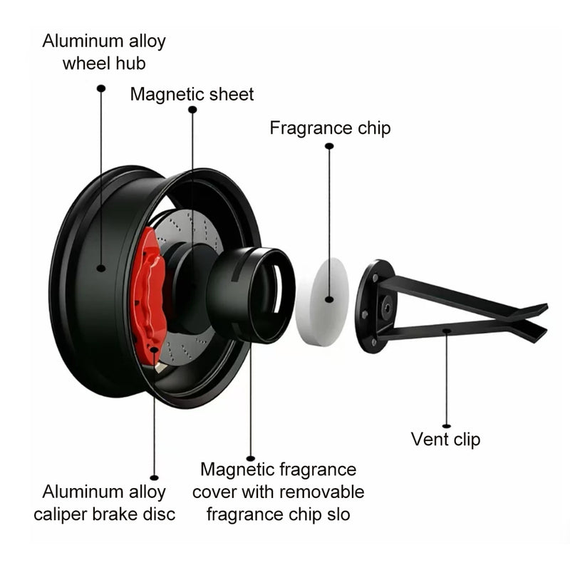 mini wheel rim car air freshener, cnc aluminum alloy magnetic vent clip diffuser, rotating auto interior decoration