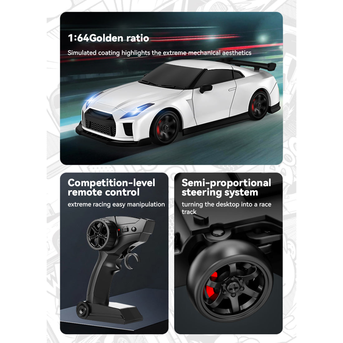 1/64 scale 2.4g 4ch 4wd half-proportional steering rc drift car with realistic brake calipers