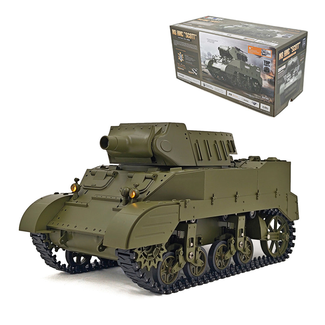 1/16 scale 2.4g u.s. m8 self-propelled howitzer rc tank model with sound and lights, telescoping smoke, dual-speed modes