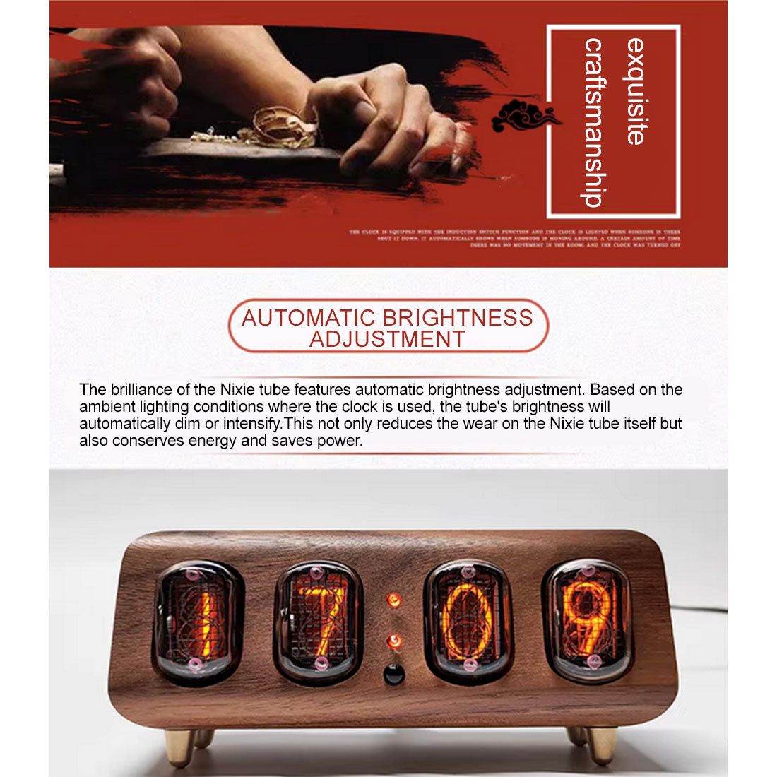 in-12 nixie tube clock bluetooth alarm clock, vintage glow tube desk clock with black walnut wood & remote control