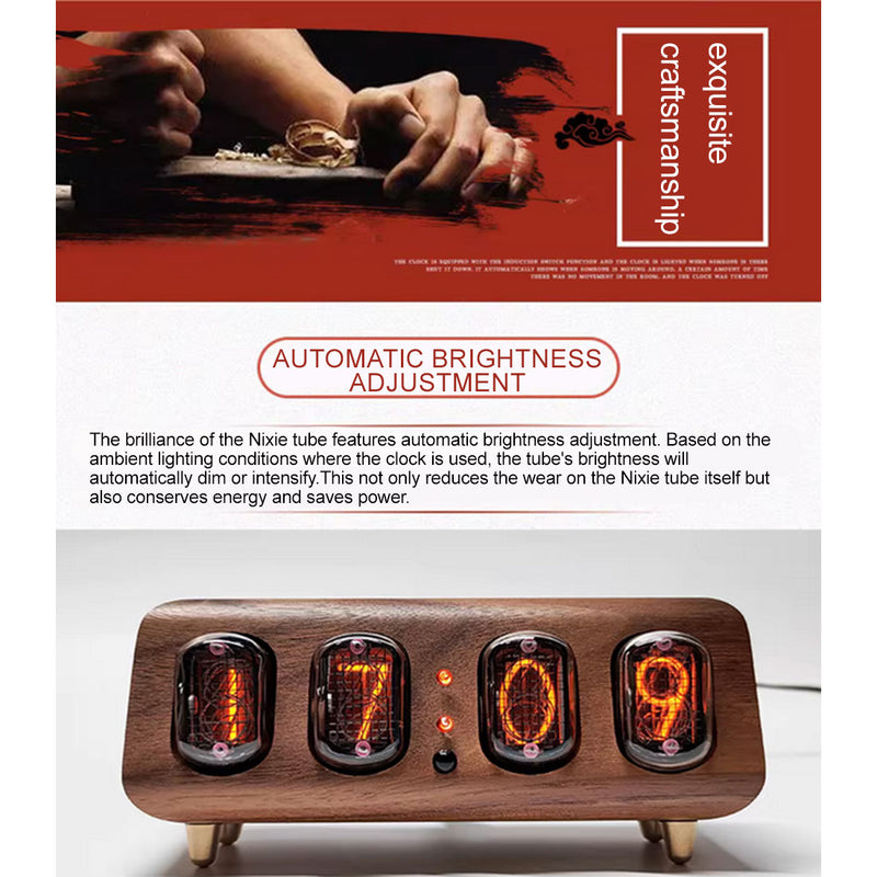 in-12 nixie tube clock bluetooth alarm clock, vintage glow tube desk clock with black walnut wood & remote control