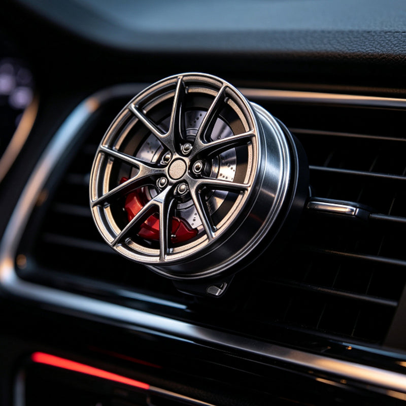 mini wheel rim car air freshener, cnc aluminum alloy magnetic vent clip diffuser, rotating auto interior decoration
